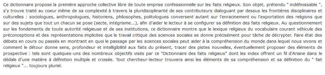 Dictionnaire des faits religieux anthropôlogie