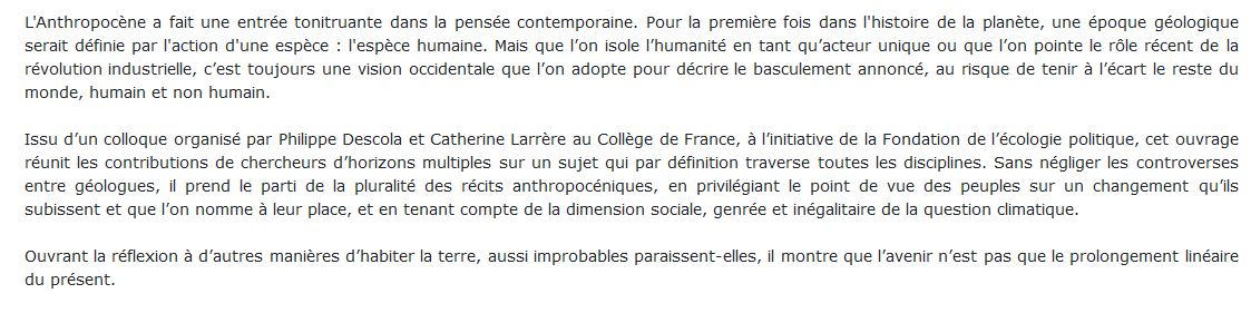 Penser l'anthropocène livre